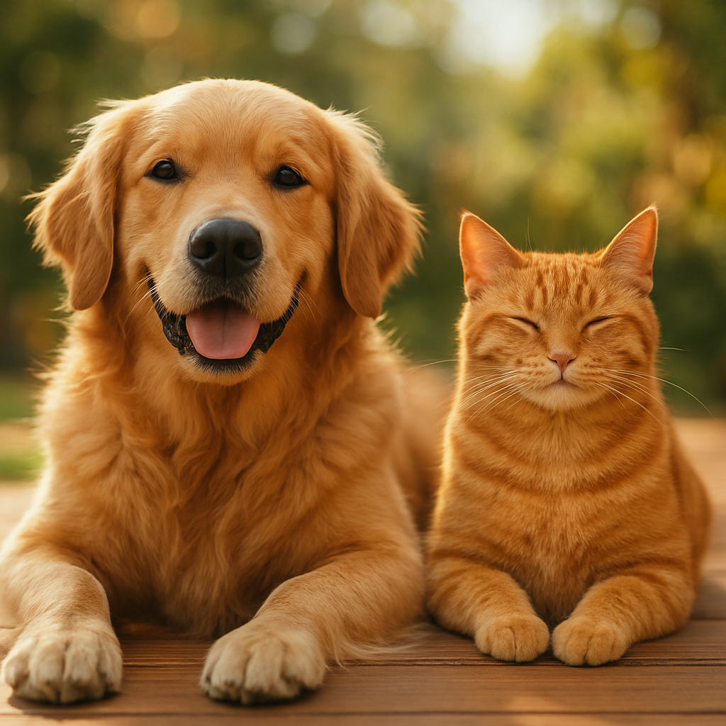 A golden retriever and ginger tabby cat sitting together on a sunny deck
