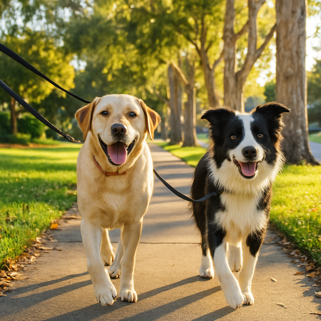 A labrador and border collie on leads walking along a leafy suburban Australian footpath