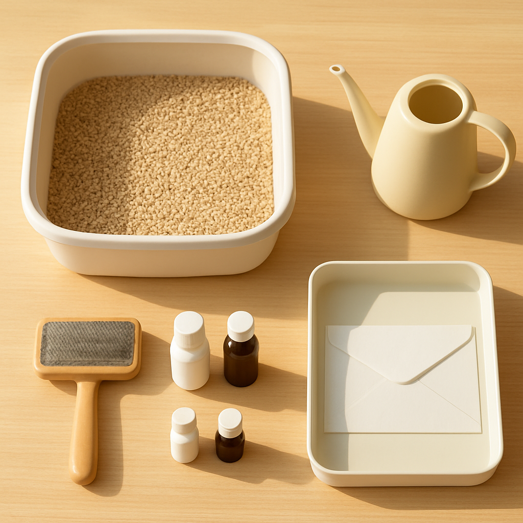 A neatly arranged pet care station with grooming brush, litter tray, medication bottles, and a watering can