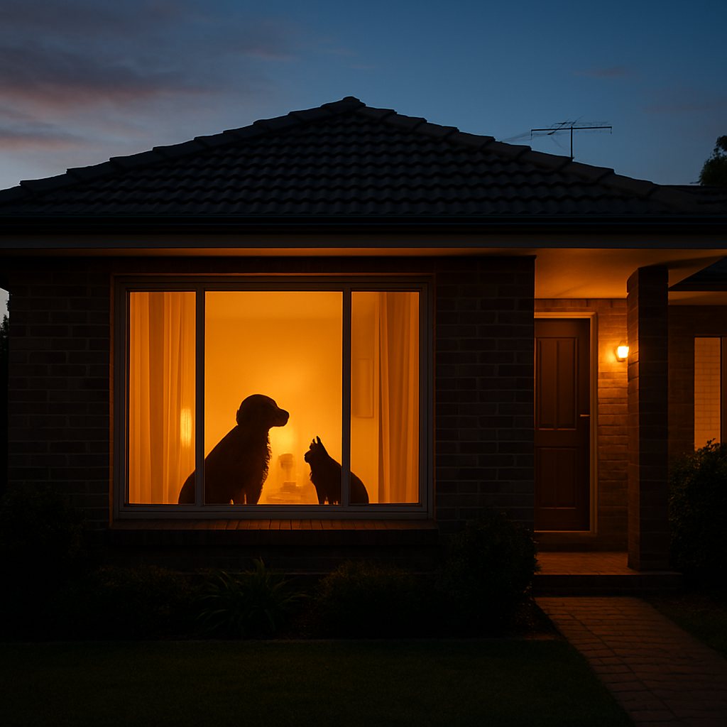 A cosy suburban house glowing warmly at dusk with pets visible through the window