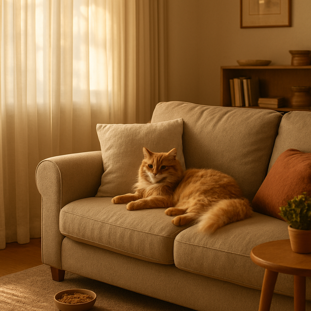 A relaxed orange cat on a sofa with a pet food bowl nearby in a warm home interior